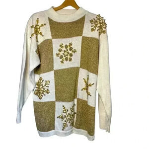 Lew Magrum VINTAGE gold and cream, gold beaded snowflake Christmas sweater SZ-L